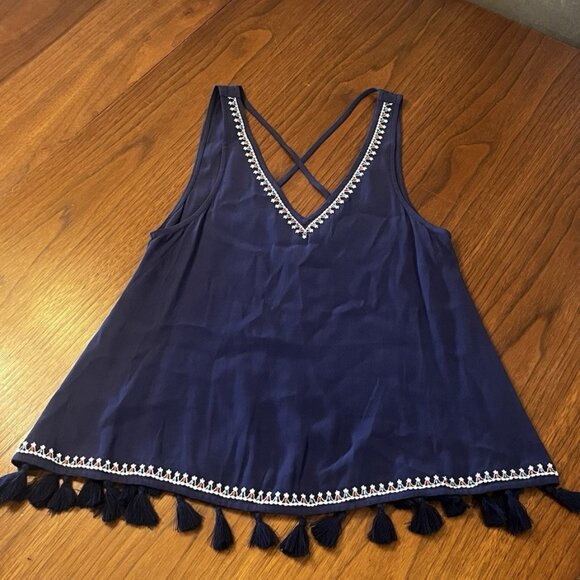 Sugar Lips Blue Embroidered Tassel V Neck Tank Top Womens Size XS - Picture 5 of 6